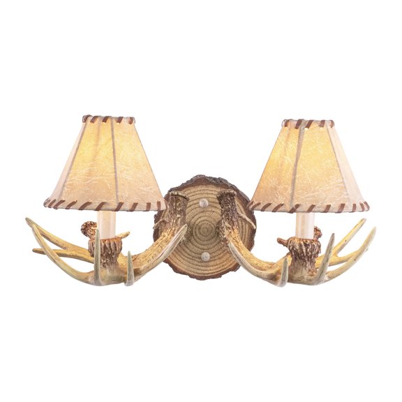Rustic Wall Sconce - 2 Light Wood & Faux Leather - 16.75" Lodge Style Lighting Fixture
