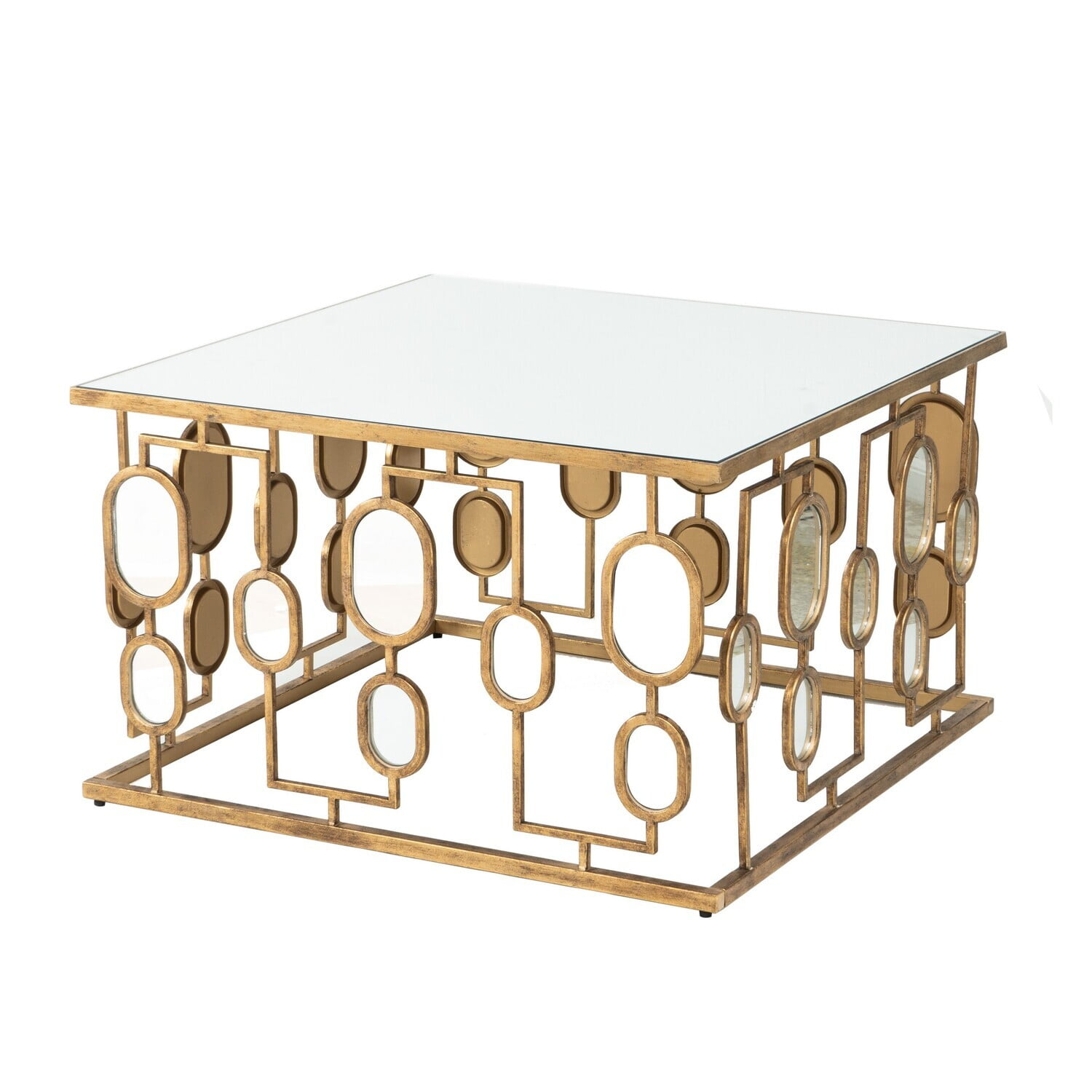 32 Inch Gold Geometric Iron and Glass Coffee Table