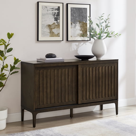 Maykoosh Natural Beauty Sideboard with Sliding Doors - Dark Brown, 15.88"D x 54.13"W x 32.25"H, Slatted Look Sliding Doors, Freestanding Storage Sideboard, Mid-Century Modern Design