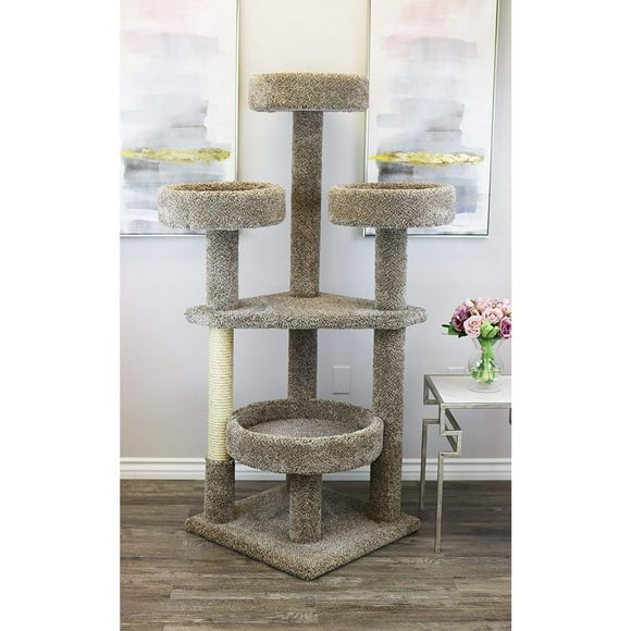 Maykoosh Artisanal Abode Modern Marvel Multi Level Tree, Floor Mountable, Carpet Material for All Cat Breeds, Climbing Pets - 26"L x 24"W x 46"H-Color:Neutral