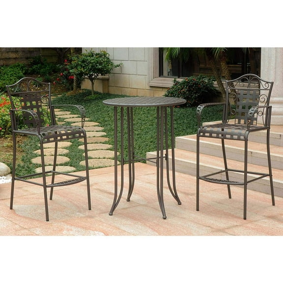Bar Height Bistro Set - Iron Table & 2 Chairs - 30" Round Outdoor Patio Furniture