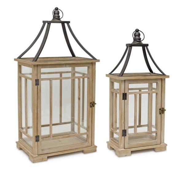 Wood Lantern Set of 2 - Natural Rustic Home Decor - Candle Holders for Table Centerpiece