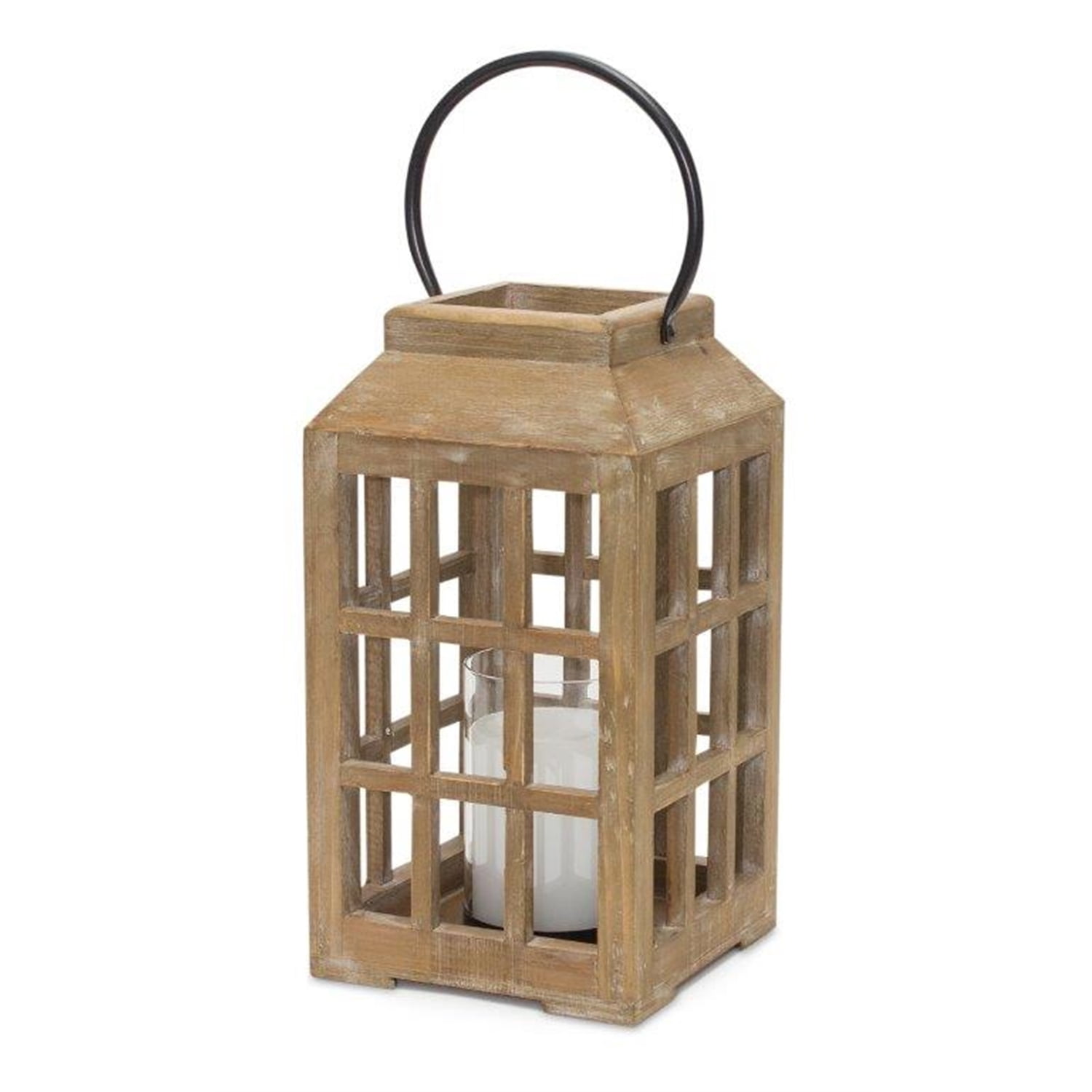 Natural Wood and Glass Tabletop Lantern with Black Handle