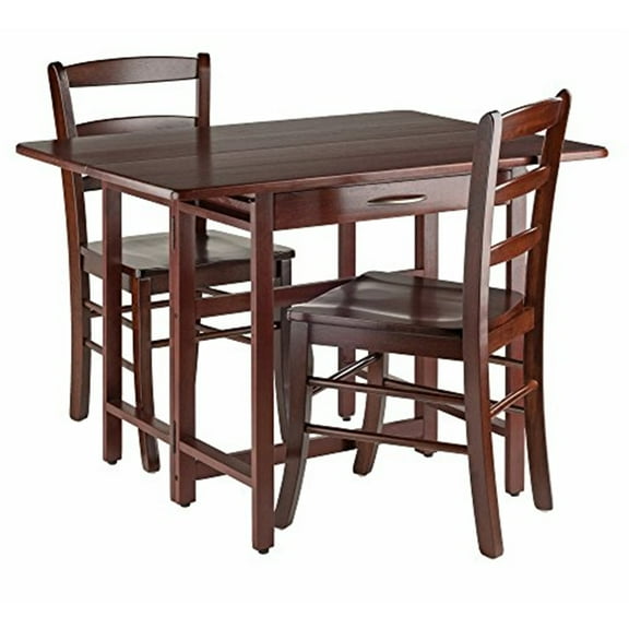 Maykoosh Naturally Nice 3-Pc Set Drop Leaf Table with Ladder Back Chairs - Versatile Walnut Table Set Expands for Dining or Games with Ample Storage Drawer