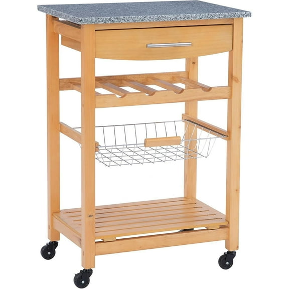 Kitchen Island with Granite Top - Compact Cart with Drawer, Basket & Wine Rack