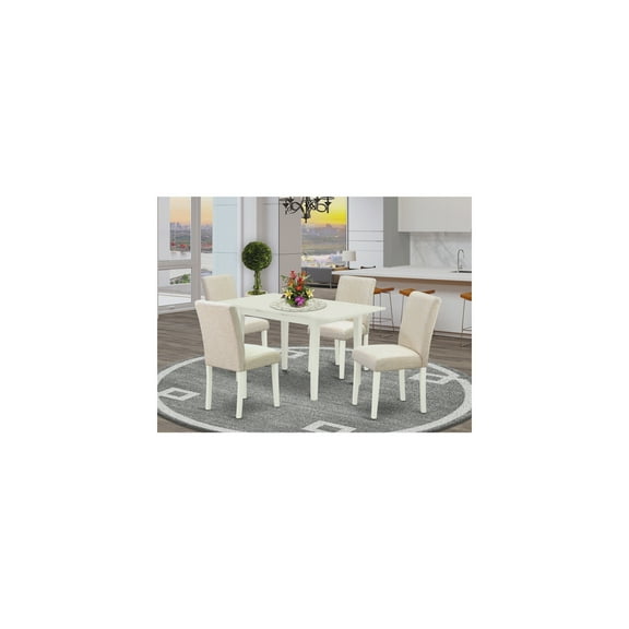 5-Pc Dining Table Set - Rectangular Table with Leaf & 4 Parsons Chairs - Linen White Modern Dinette