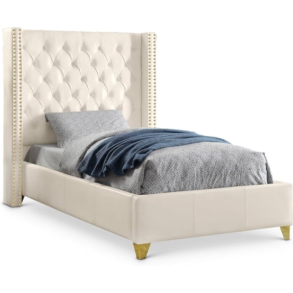 Renaissance Refinement Modern, Contemporary Bonded Leather Upholstered Wingback Bed with Deep Button Tufting, Gold Nailhead Trim and Custom Gold Legs