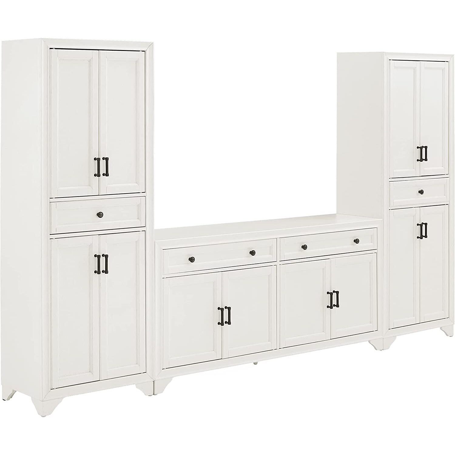 Distressed White 3-Piece Sideboard and Pantry Set with Cabinets