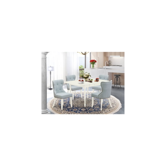 Wooden Dining Table Set - 4 Chairs, Linen Fabric, Blue & White - Drop Leaf Kitchen Table