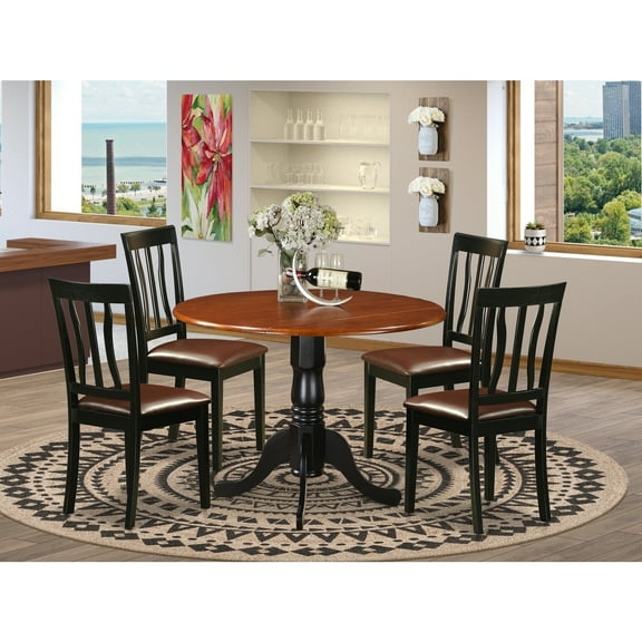 Maykoosh Renaissance Rhapsody 5 Piece Dining Room Furniture Set Includes a Round Kitchen Table with Dropleaf and 4 Faux Leather Upholstered Dining Chairs, 42x42 Inch, Black & Cherry