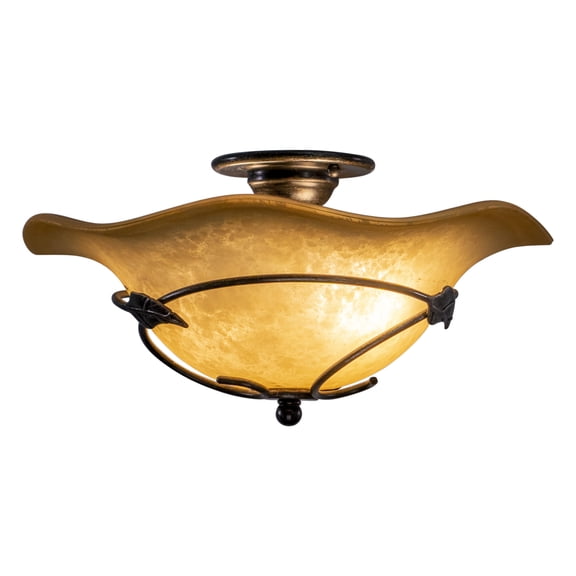 Rustic Semi Flush Mount Ceiling Light - Black Finish, Amber Glass Shade, Farmhouse Style Lighting