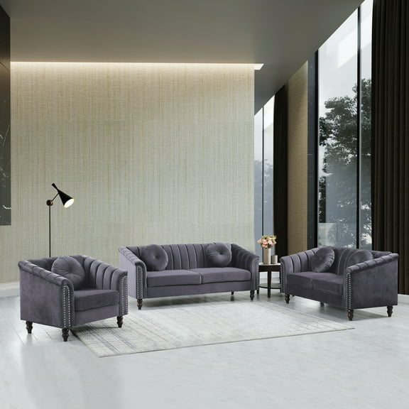 Maykoosh Retro Relaxation Furniture 3 Pieces Modular Sectional Sofa Set, Living Room Furniture Modern Style Button Microfiber Couch