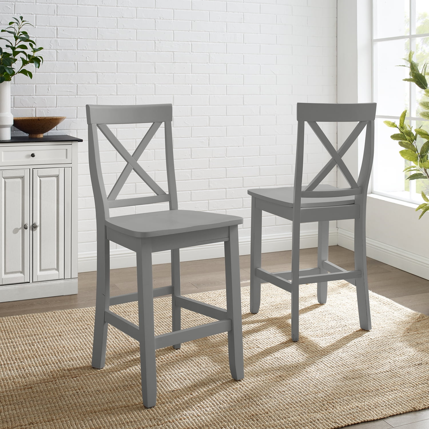 Curved X-Back Gray Wood Counter Stool Set, 24-inch - 2 Pieces
