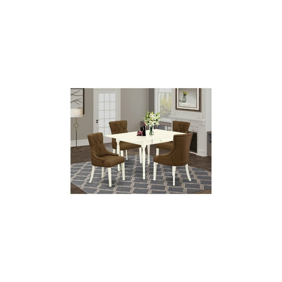 5Pc Dinette Set - Kitchen Table & 4 Chairs - Linen Fabric - Drop Leaf Table - Linen White Finish