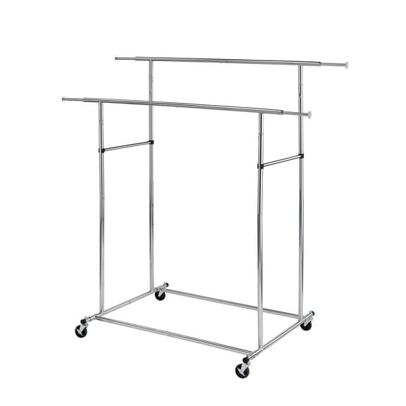 Retro Garment Rack Dual Bar Metal - Adjustable Height Rolling Clothes Rack Chrome Finish