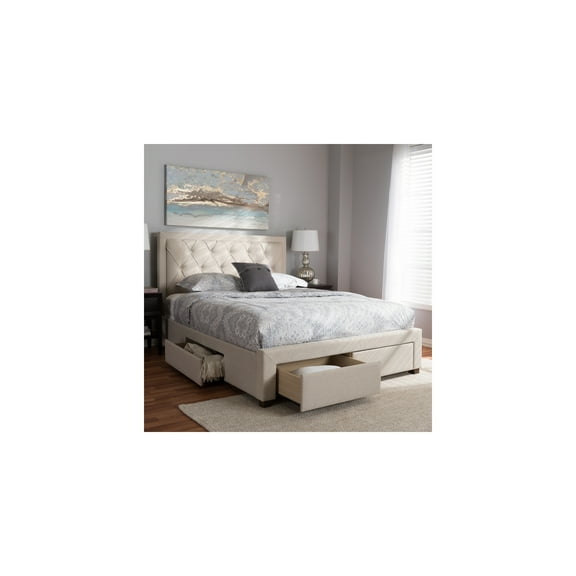 Modern Fabric Storage Bed - Beige Upholstered Platform Bed Frame - Low Profile Bed for Bedrooms