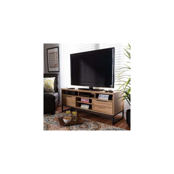 TV Stand - Oak Wood & Black Metal - 2 Drawers, 5 Shelves - Living Room Media Console