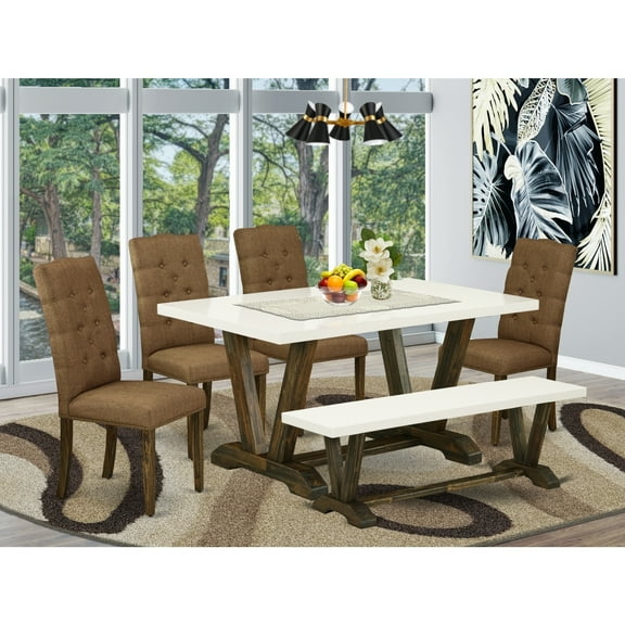 Rococo Dining Set - 6 Piece TableChair Set - Brown Beige Fabric - Button Tufted Design