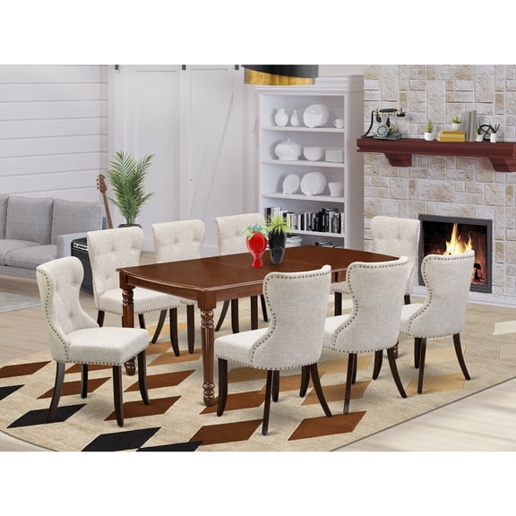 Rococo Dining Set - 8 Linen Fabric ChairsMahogany Table