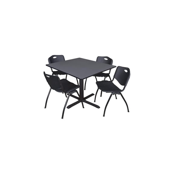 48" Square Breakroom Table & 4 Stack Chairs - Grey Tabletop, Black Frames - Office, Cafeteria, Dining