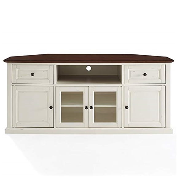 Corner TV Stand for TVs up to 65 Inch - White Finish Entertainment Center with Glass Doors & Shelves