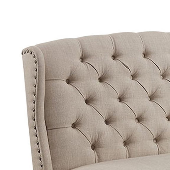 Maykoosh Rococo Romance Nailhead Trim Fabric Upholstered Wing Back Wooden Bench, Beige And Black - 48"D x 25"W x 42"H, 19" Seat Height, Button Tufted