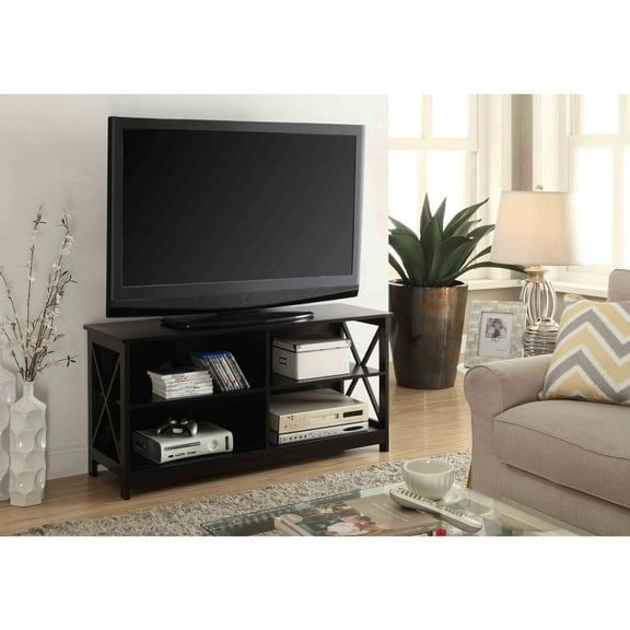 Maykoosh Rococo Romance TV Stand in Black with Four Open Storage Compartments and Cable Management, Complementing Any Home Decor