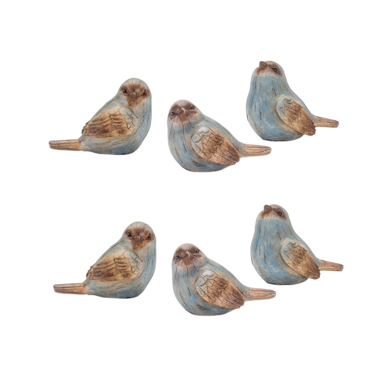 Rustic Blue and Brown Resin Bird Figurines Set of 6