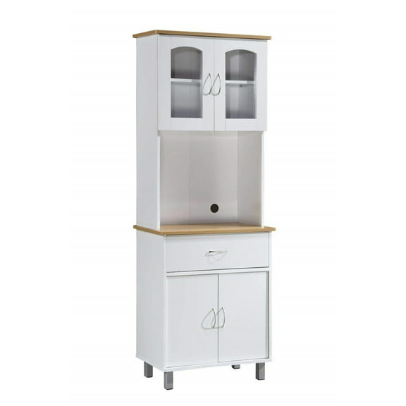 Rustic Kitchen Cabinet - Long Standing Storage with Drawer & Microwave Space - White Finish