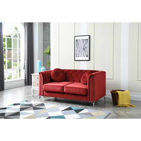Rustic Loveseat Burgundy Velvet Tufted Couch with Pillows & Chrome Legs
