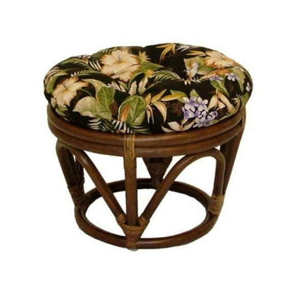 Maykoosh Rustic Recluse Rattan Ottoman/Footstool With Tufted, Round Outdoor Fabric Cushion, Dark Walnut Stain Finish Frame, Stylish and Comfortable Patio Furniture