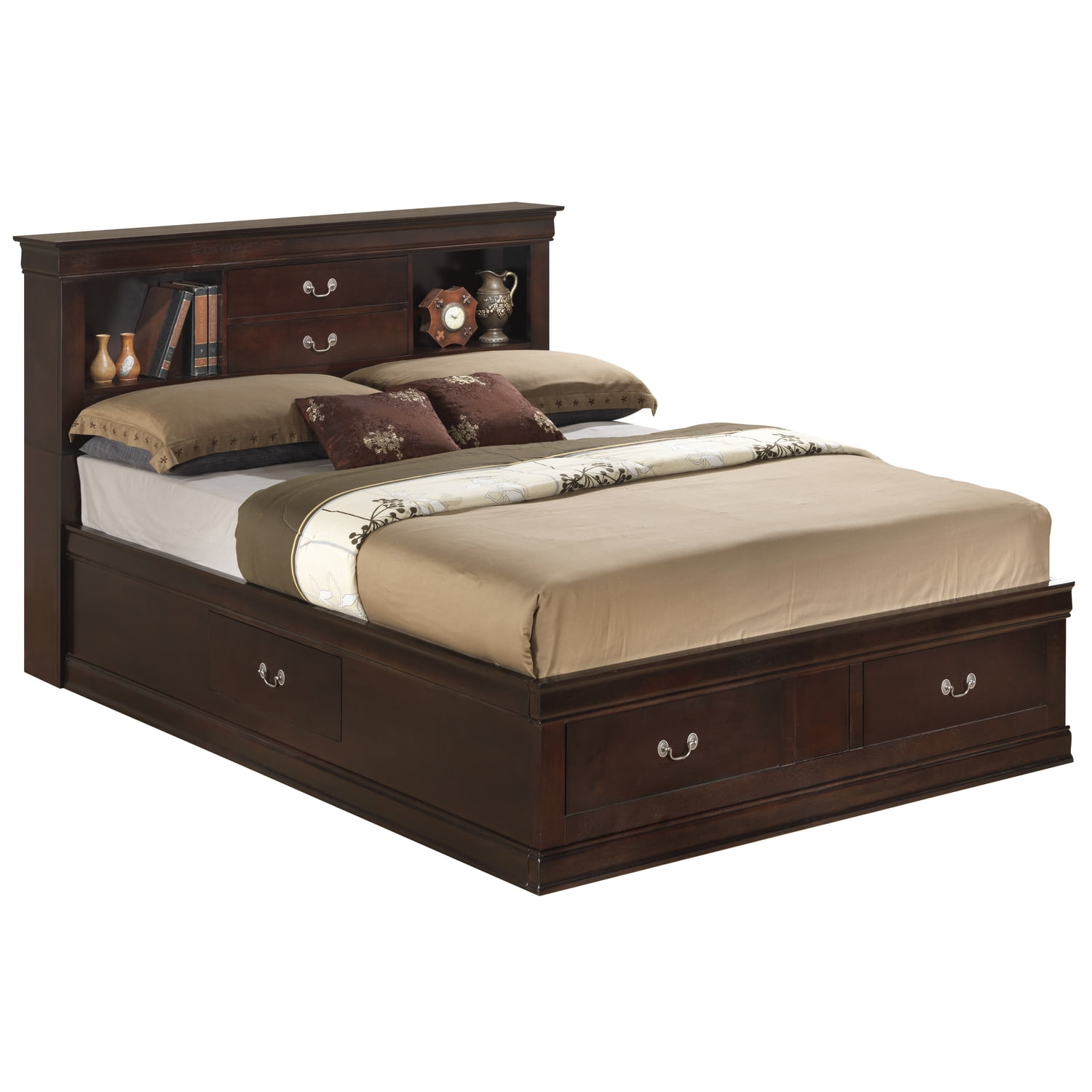 Cappuccino Queen Wood Frame Storage Platform Bed with Bookcase