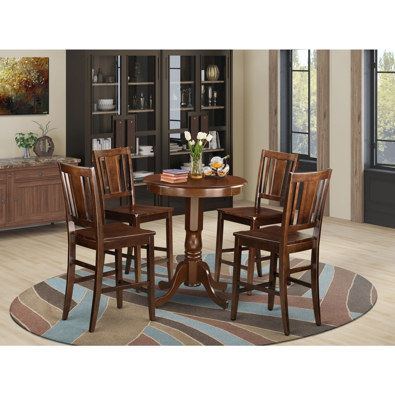 Counter Height Dining Set - Round Table & 4 Chairs - Mahogany Finish ...