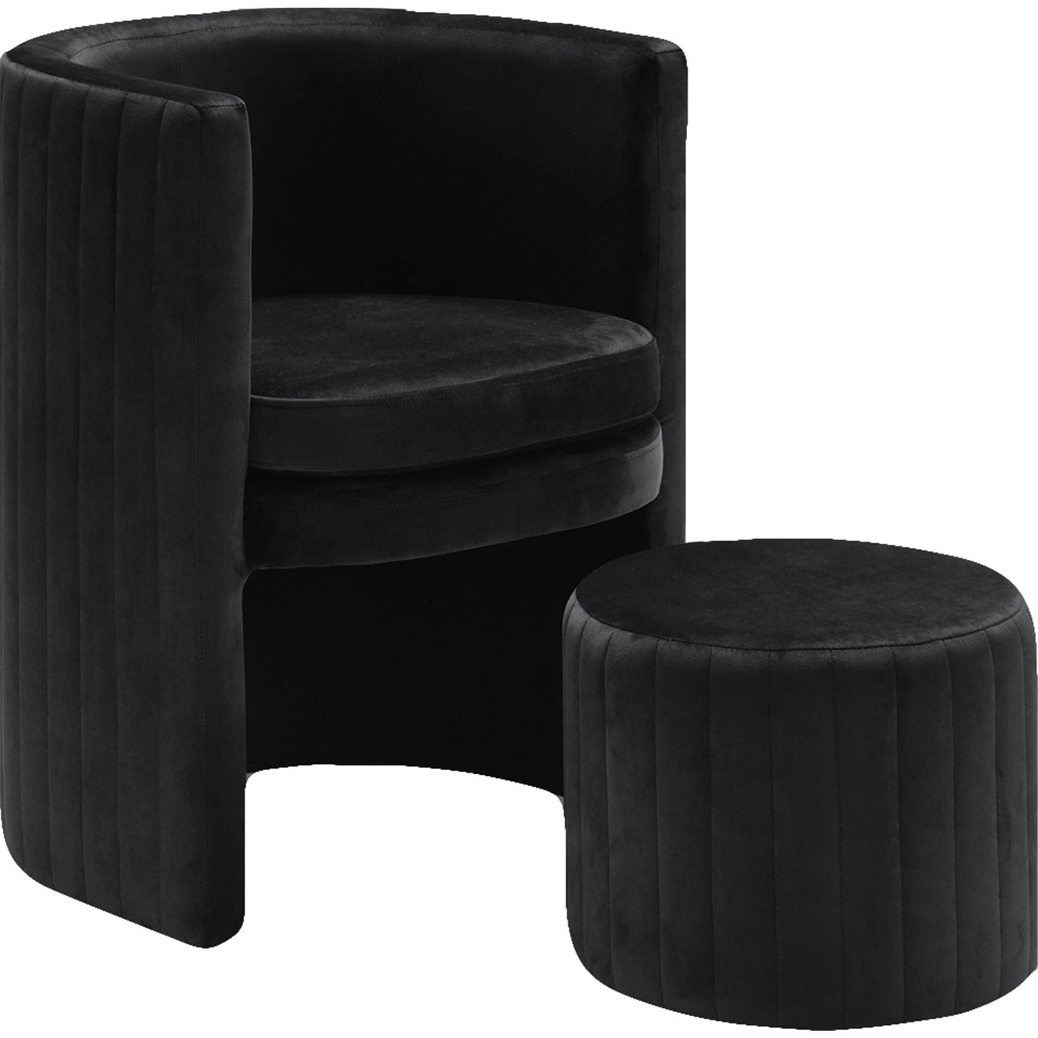 Selena Contemporary Black Velvet Barrel Chair and Ottoman Set