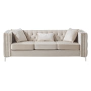 Maykoosh Rustic Revival Sofa, Ivory, 86"L x 34"W x 30"H, Soft Velvet, Tufted Design with Chrome Legs, Stylish Comfort for Any Living Room