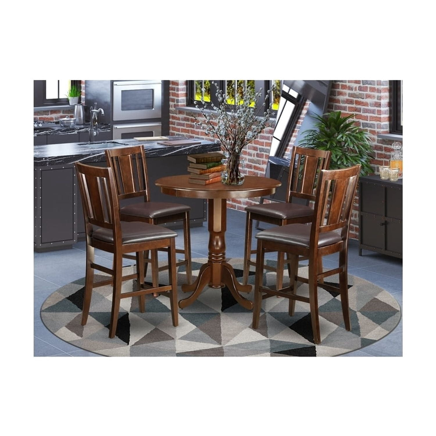 Counter Height Dining Set - 5 Piece Round Table & 4 Faux Leather Chairs ...