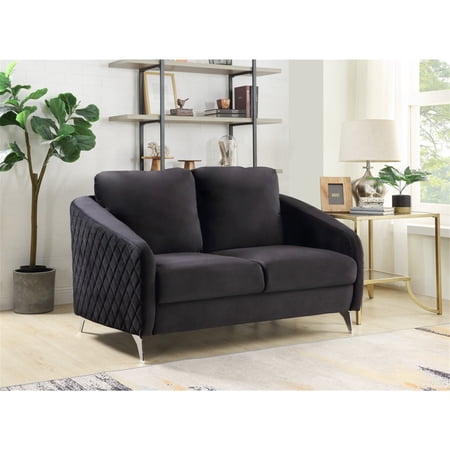 Maykoosh Rustic Romance Black Velvet Modern Chic Loveseat Couch, 55"L x 35"D x 34"H, Diamond Stitching with Chrome Legs, Elegant Comfort