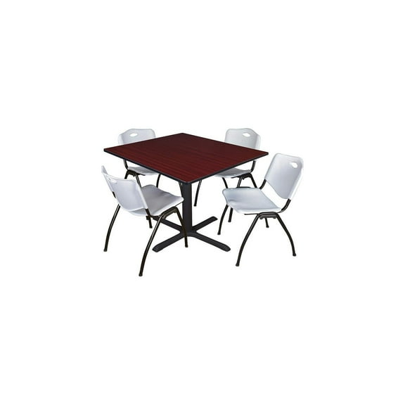 Breakroom Table with Chairs - 48" Square Mahogany Table & 4 Grey Stack Chairs - Cafeteria Dining Office