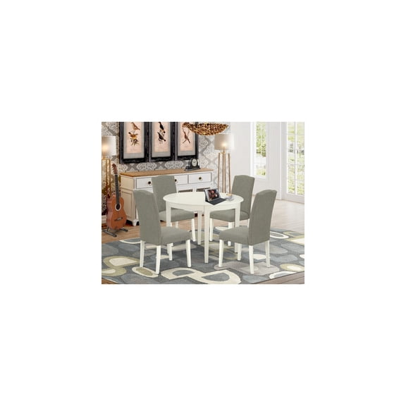 Round Kitchen Table Set - 5pc Dining Set - Dark Shitake Fabric - Linen White Legs - 42" Table