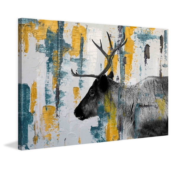 Coastal Reindeer Canvas Wall Art - Teal Yellow Painting Print - Seaside Home Decor