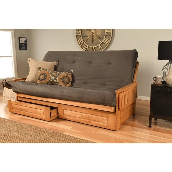 Maykoosh Shabby Chic Futon Frame Queen-Butternut Finish-Suede Gray Mattress-Storage Drawers