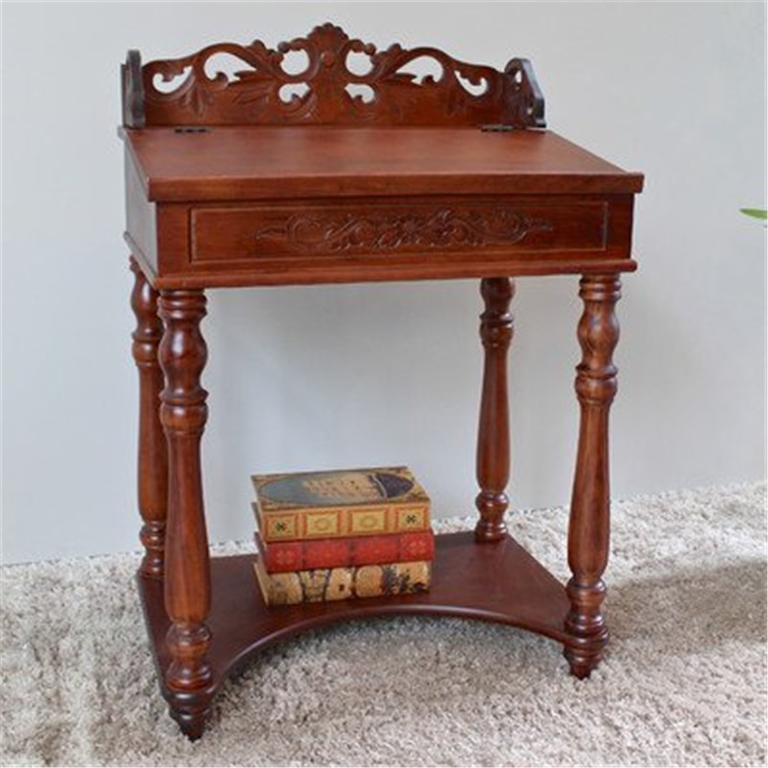 Ornate Hand-Carved Brown Wood Writing Desk with Drawer