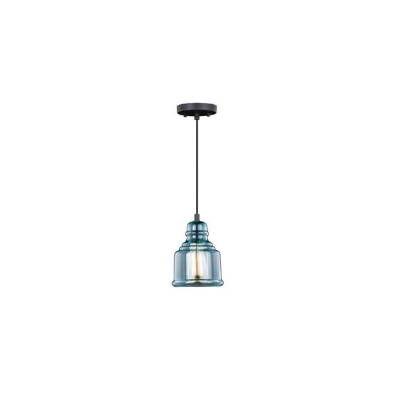 Bronze Mini Pendant Light - Smoke Blue Glass Ceiling Fixture - Industrial Farmhouse Style