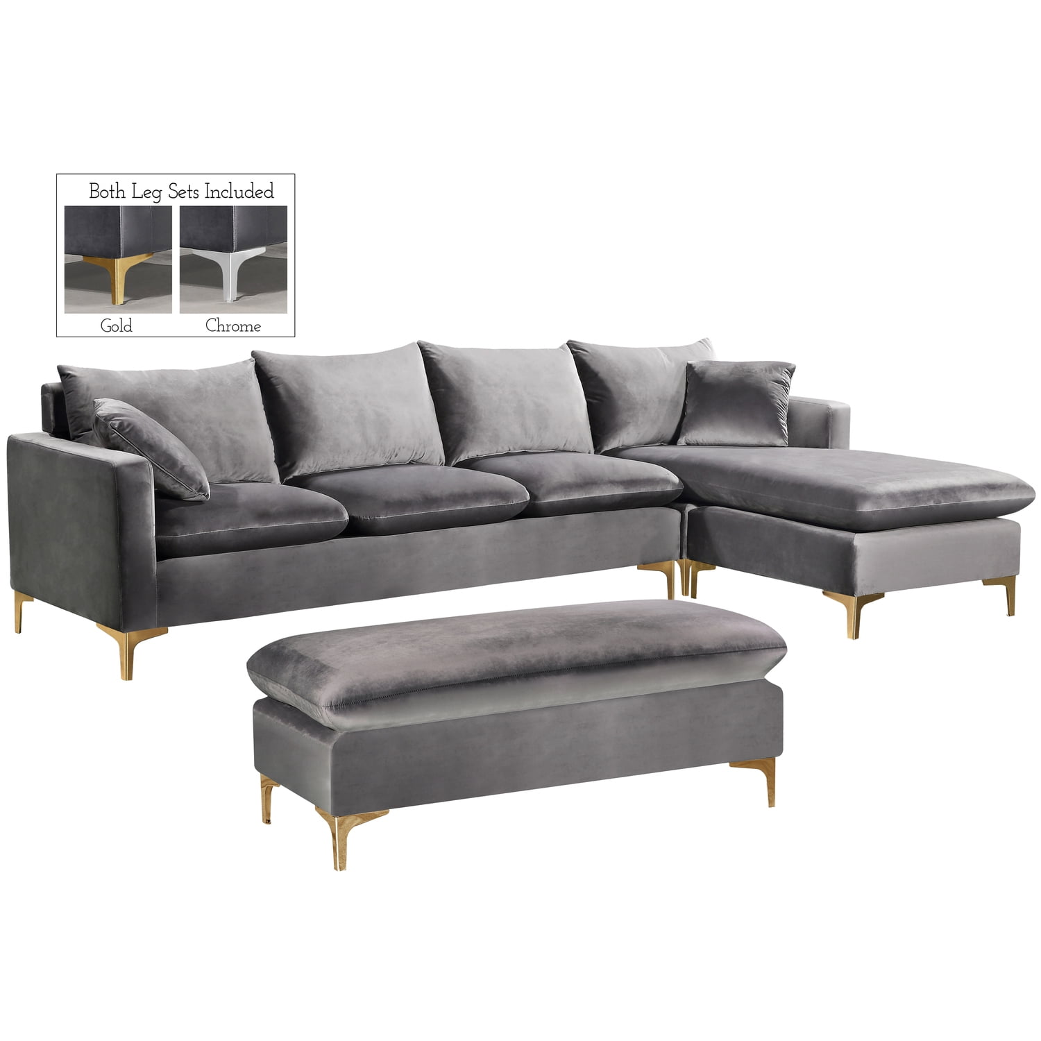 Luxurious Grey Velvet 2-Piece Reversible Sectional Sofa