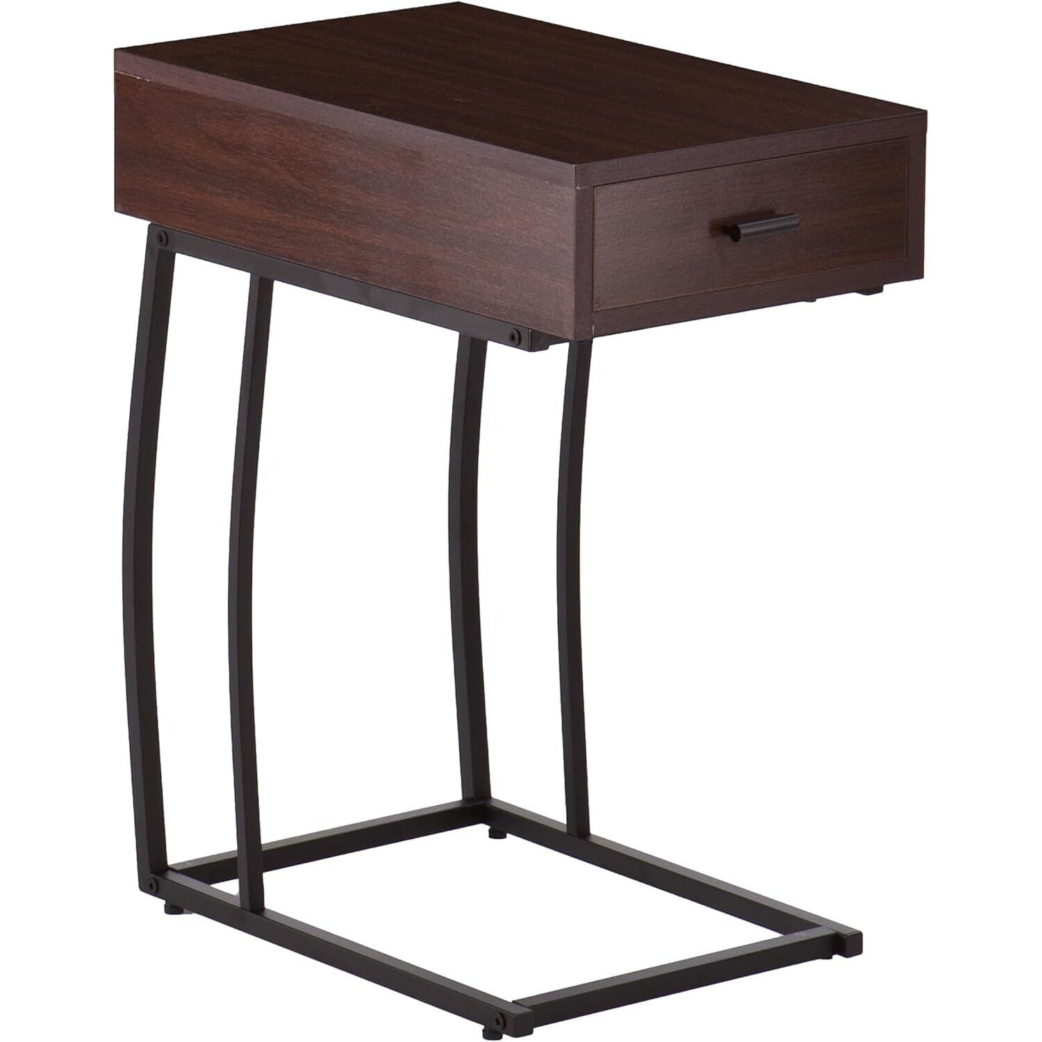 Walnut and Black Metal Side Table with Drawer and USB Port