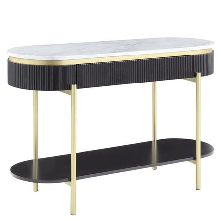 Sofa Console Table 48 Inch Oblong, White Faux Marble Top, Modern Living Room Accent Table