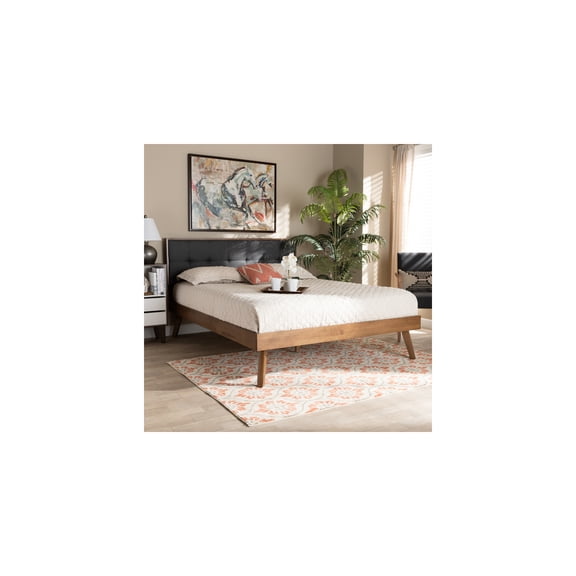 Grey Upholstered Platform Bed with Headboard - Walnut Finish, Biscuit Tufted Design - 82"L x 62"W x 48"H