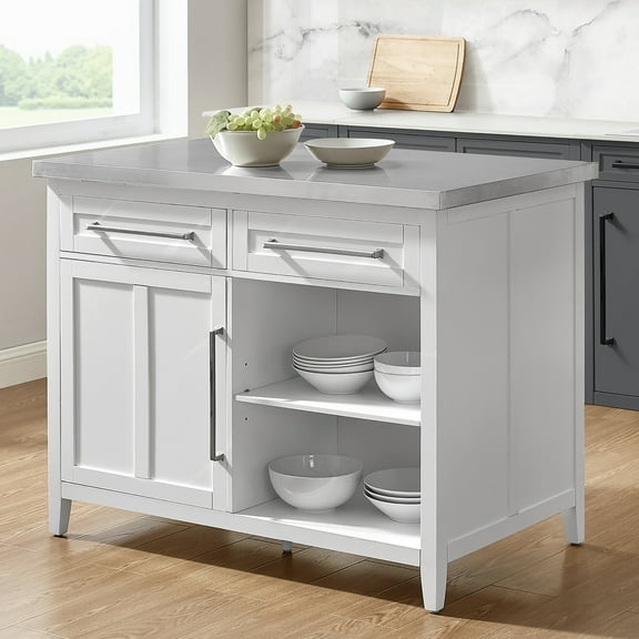 Kitchen Island with Storage & Dining Space - Stainless Steel Top, Portable Kitchen Cart, Modern Design