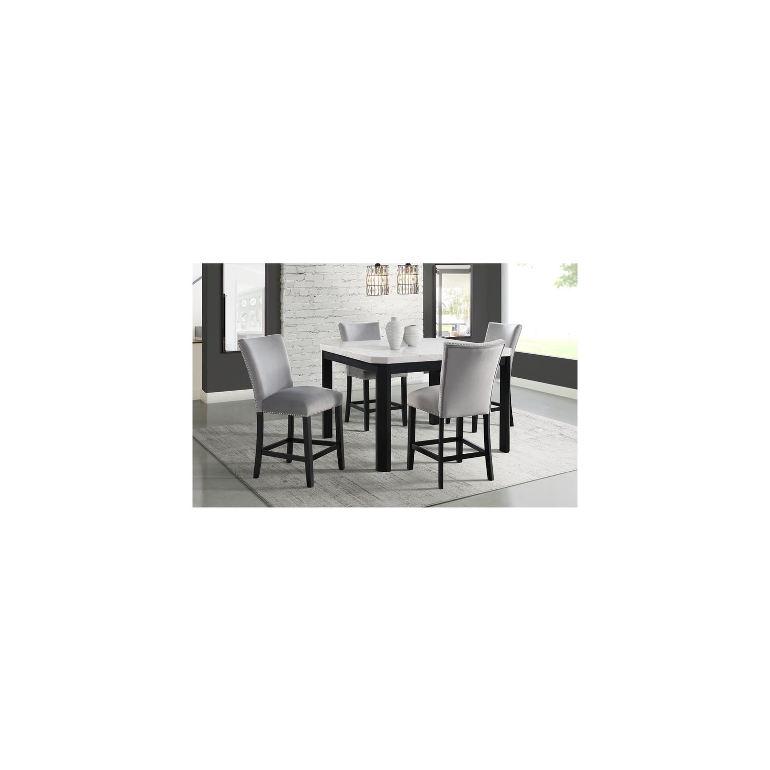 Willow White Marble 5 Piece Counter Height Dining Set with Gray Velvet Chairs