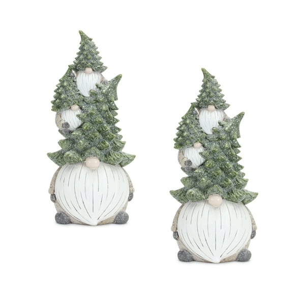 Stone Gnome Figurine Set - Holiday Decor Stacking Gnomes with Pine Tree Hats - Christmas Home Accent (2 Pack)